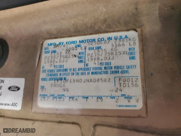 1988 Ford 1/2 Ton Trucks with VIN 1FTDF15N0JNA08582, listed as a Copart auction lot 73979114 with 265,887 mi miles and Salvage Title. Bid and sale history available at carsss.com. Image 12.