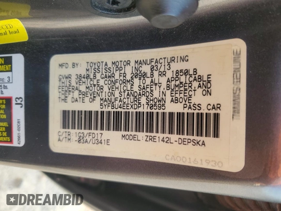 2013 Toyota Corolla L with VIN 5YFBU4EEXDP170595, listed as a Copart auction lot 66574674 with 117,260 mi miles and Clean Title. Bid and sale history available at carsss.com. Image 12.