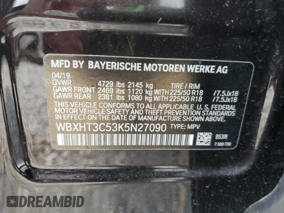 2019 BMW X1 xDrive28i with VIN WBXHT3C53K5N27090, listed as a Copart auction lot 54150485 with 79,835 mi miles and Salvage title. Bid and sale history available at DreamBid. Image 13.