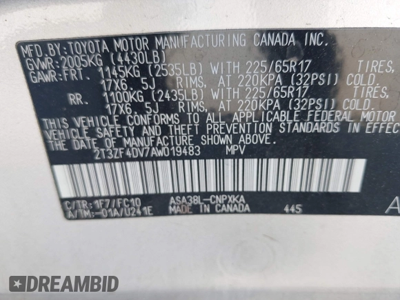 2010 Toyota RAV4 with VIN 2T3ZF4DV7AW019483, listed as a IAAI auction lot 42516128 with 167,285 mi miles and . Bid and sale history available at DreamBid. Image 9.