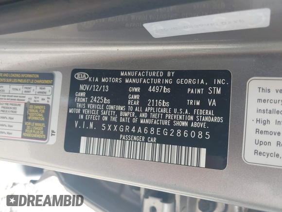 2014 Kia Optima SXL Turbo with VIN 5XXGR4A68EG286085, listed as a IAAI auction lot 42634481 with 160,217 mi miles and . Bid and sale history available at DreamBid. Image 9.