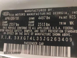 2018 Kia Optima S with VIN 5XXGT4L35JG263409, listed as a IAAI auction lot 41646396 with 97,793 mi miles. Bid and sale history available at carsss.com. Image 9.