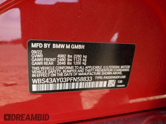 2023 BMW M3 Competition xDrive with VIN WBS43AY03PFN58833, listed as a Copart auction lot 53301495 with 32,032 mi miles and Salvage title. Bid and sale history available at DreamBid. Image 13.