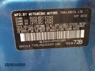 2023 Mitsubishi Mirage ES with VIN ML32AUHJ4PH001693, listed as a Copart auction lot 54313325 with 40,622 mi miles and Salvage title. Bid and sale history available at DreamBid. Image 13.