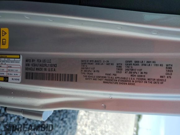 2024 Jeep Gladiator Sport S z VIN 1C6HJTAG2RL110743, wystawiony jako Copart lot #61727815 z przebiegiem 4 846 mil mil oraz Szkoda całkowita • Salvage title. Historia ofert i sprzedaży dostępna na DreamBid. Obrazek 12.