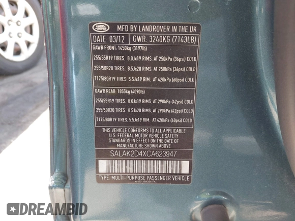 2012 Land Rover LR4 Lux with VIN SALAK2D4XCA623947, listed as a IAAI auction lot 41851487 with Not Provided miles and . Bid and sale history available at DreamBid. Image 9.