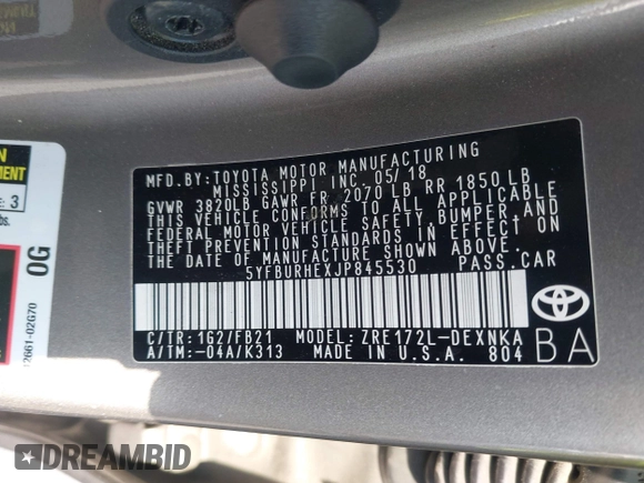 2018 Toyota Corolla L с VIN 5YFBURHEXJP845530, выставлен на аукционе IAAI как лот 42184549 с пробегом 113 379 миль миль и . История ставок и продаж доступна на DreamBid. Изображение 9.