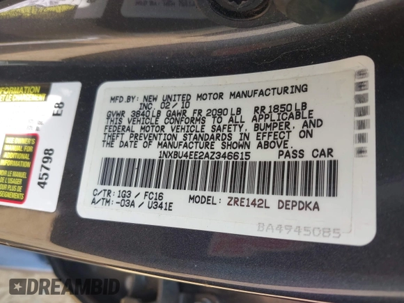 2010 Toyota Corolla with VIN 1NXBU4EE2AZ346615, listed as a IAAI auction lot 42399046 with 102,297 mi miles and . Bid and sale history available at DreamBid. Image 9.