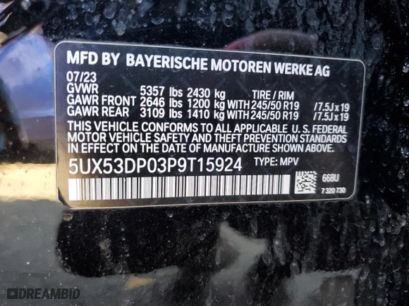 2023 BMW X3 xDrive30i with VIN 5UX53DP03P9T15924, listed as a Copart auction lot 46892685 with 7,620 mi miles and Salvage Title. Bid and sale history available at carsss.com. Image 13.