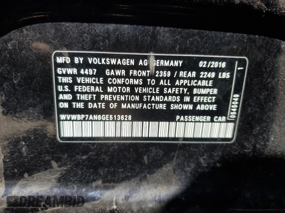 2016 Volkswagen CC Sport with VIN WVWBP7AN6GE513628, listed as a Copart auction lot 57667775 with 122,302 mi miles and Salvage title. Bid and sale history available at DreamBid. Image 12.
