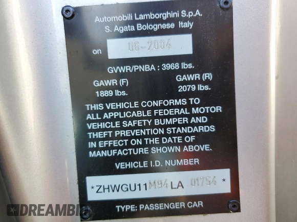2004 Lamborghini Gallardo z VIN ZHWGU11M94LA01754, wystawiony jako Copart lot #67935984 z przebiegiem 17 188 mil mil oraz Szkody całkowita. Historia ofert i sprzedaży dostępna na DreamBid. Obrazek 10.