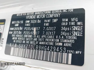 2017 Hyundai Santa Fe 2.4L with VIN 5XYZTDLB9HG429453, listed as a IAAI auction lot 42602067 with 114,295 mi miles and . Bid and sale history available at DreamBid. Image 9.