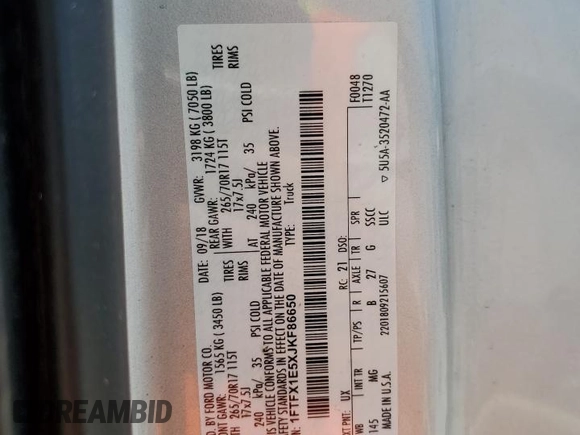 2018 Ford F-150 XL z VIN 1FTFX1E5XJKF86650, wystawiony jako Copart lot #59865795 z przebiegiem Nie podano mil oraz Szkoda całkowita • Salvage title. Historia ofert i sprzedaży dostępna na DreamBid. Obrazek 12.