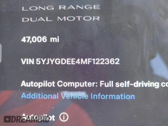 2021 Tesla Model Y Long Range with VIN 5YJYGDEE4MF122362, listed as a IAAI auction lot 42096138 with 47,006 mi miles and . Bid and sale history available at DreamBid. Image 9.