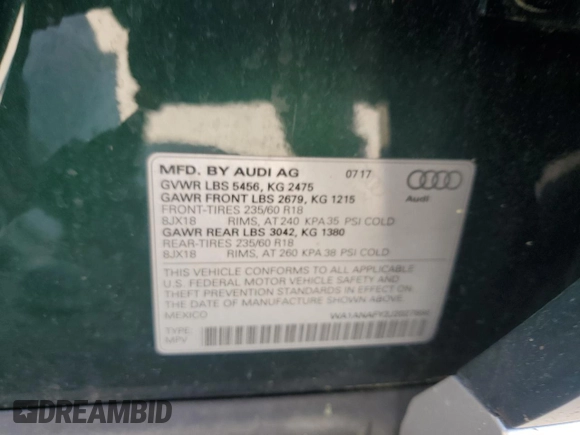 2018 Audi Q5 Premium with VIN WA1ANAFY2J2027998, listed as a Copart auction lot 59474155 with 96,309 mi miles and Salvage title. Bid and sale history available at DreamBid. Image 13.