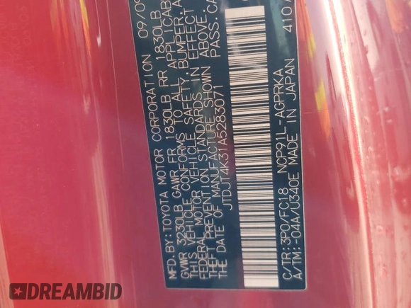 2010 Toyota Yaris with VIN JTDJT4K31A5283071, listed as a Copart auction lot 47539505 with 41,946 mi miles and Salvage Title. Bid and sale history available at DreamBid. Image 13.