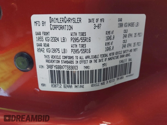 2007 Chrysler PT Cruiser Limited with VIN 3A8FY688X7T593663, listed as a IAAI auction lot 42013525 with 37,208 mi miles and . Bid and sale history available at DreamBid. Image 9.