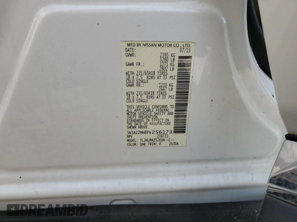 2015 Nissan Murano SL z VIN 5N1AZ2MH8FN256173, wystawiony jako Copart lot #57861275 z przebiegiem 158 523 mil mil oraz Szkoda całkowita • Salvage title. Historia ofert i sprzedaży dostępna na DreamBid. Obrazek 14.