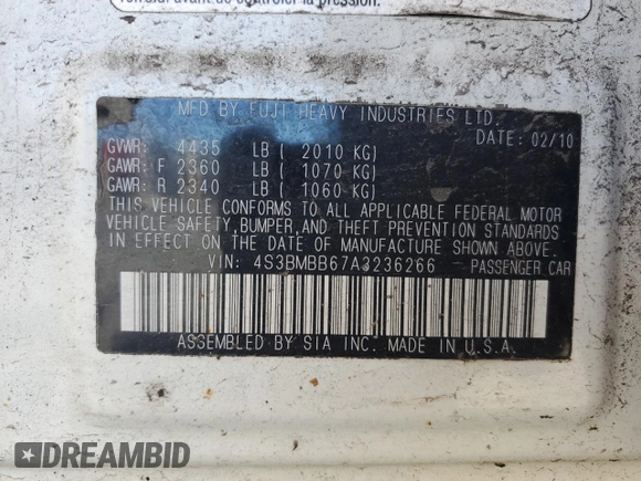 2010 Subaru Legacy Premium z VIN 4S3BMBB67A3236266, wystawiony jako Copart lot #55081955 z przebiegiem 220 405 mil mil oraz Szkoda całkowita • Salvage title. Historia ofert i sprzedaży dostępna na DreamBid. Obrazek 12.