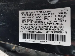 2015 Honda Civic Sedan Si with VIN 2HGFB6E55FH705829, listed as a IAAI auction lot 41876037 with 225,490 mi miles. Bid and sale history available at carsss.com. Image 9.