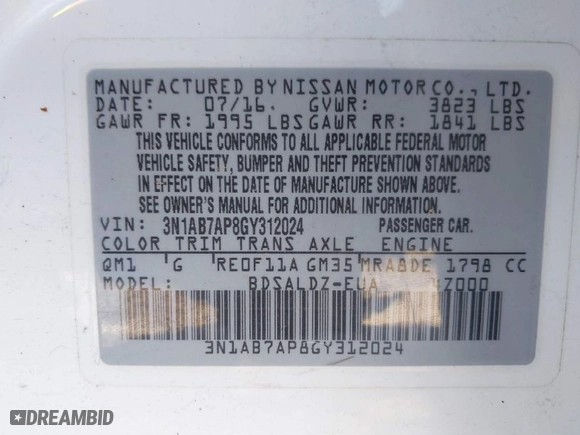 2016 Nissan Sentra SR with VIN 3N1AB7AP8GY312024, listed as a IAAI auction lot 41868729 with 72,308 mi miles. Bid and sale history available at carsss.com. Image 9.