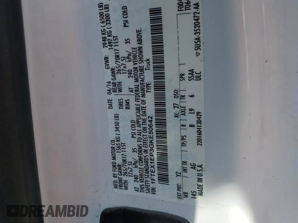 2016 Ford F-150 XLT with VIN 1FTEX1EP3GKE50642, listed as a Copart auction lot 51576445 with 184,341 mi miles and Salvage Title. Bid and sale history available at carsss.com. Image 12.