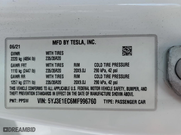 2021 Tesla Model 3 Performance with VIN 5YJ3E1EC6MF996760, listed as a Copart auction lot 52803165 with 19,334 mi miles and Salvage Title. Bid and sale history available at carsss.com. Image 13.