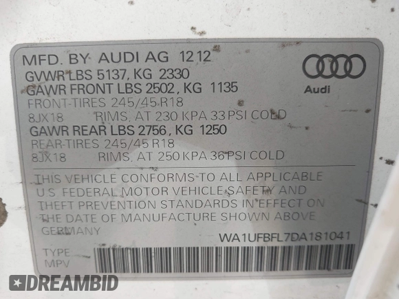2013 Audi allroad A6 V8 with VIN WA1UFBFL7DA181041, listed as a IAAI auction lot 41638491 with 122,188 mi miles and . Bid and sale history available at DreamBid. Image 9.