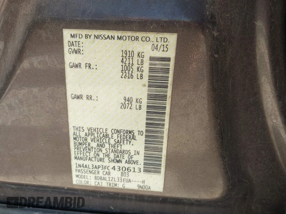 2015 Nissan Altima 2.5 S with VIN 1N4AL3AP3FC430613, listed as a IAAI auction lot 41979818 with 186,921 mi miles. Bid and sale history available at carsss.com. Image 9.