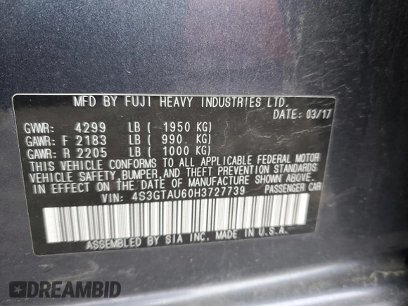 2017 Subaru Impreza Limited with VIN 4S3GTAU60H3727739, listed as a Copart auction lot 39314843 with 86,883 mi miles. Bid and sale history available at carsss.com. Image 12.