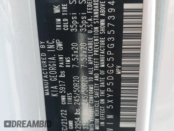 2023 Kia Telluride SX с VIN 5XYP5DGC5PG357394, выставлен на аукционе Copart как лот 59444805 с пробегом 54 909 миль миль и Списание • Salvage title. История ставок и продаж доступна на DreamBid. Изображение 13.
