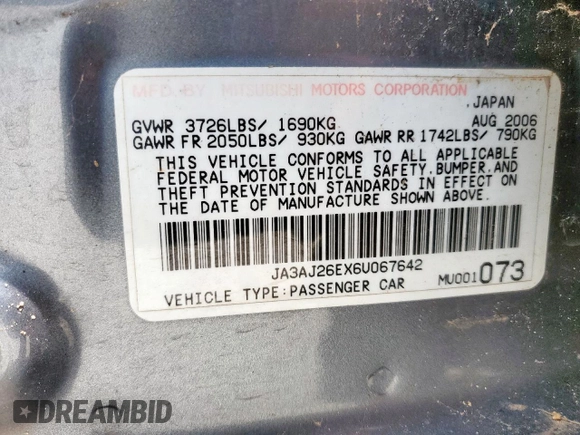 2006 Mitsubishi Lancer ES z VIN JA3AJ26EX6U067642, wystawiony jako Copart lot #56035945 z przebiegiem 163 060 mil mil oraz Szkoda całkowita • Salvage title. Historia ofert i sprzedaży dostępna na DreamBid. Obrazek 12.