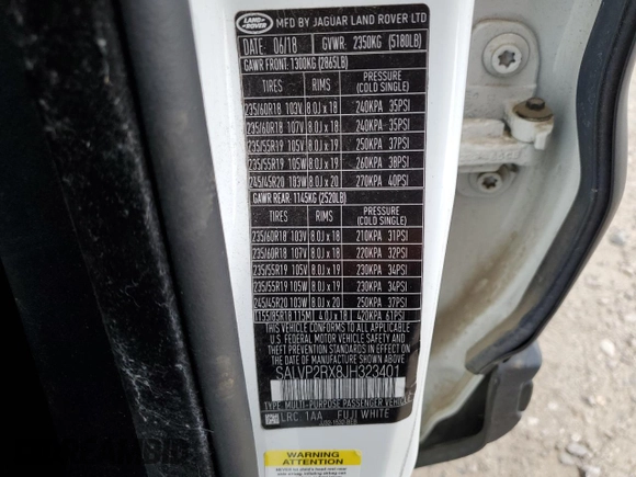 2018 Land Rover Range Rover Evoque SE with VIN SALVP2RX8JH323401, listed as a Copart auction lot 50877175 with 64,494 mi miles and Salvage title. Bid and sale history available at DreamBid. Image 15.