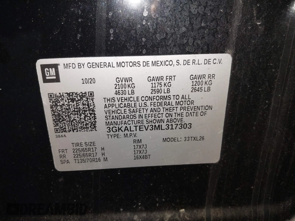 2021 GMC Terrain SLE with VIN 3GKALTEV3ML317303, listed as a IAAI auction lot 41230113 with 49,208 mi miles and . Bid and sale history available at carsss.com. Image 9.