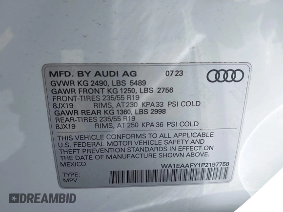 2023 Audi Q5 S line Premium Plus with VIN WA1EAAFY1P2197758, listed as a IAAI auction lot 41627129 with 11,272 mi miles. Bid and sale history available at carsss.com. Image 9.