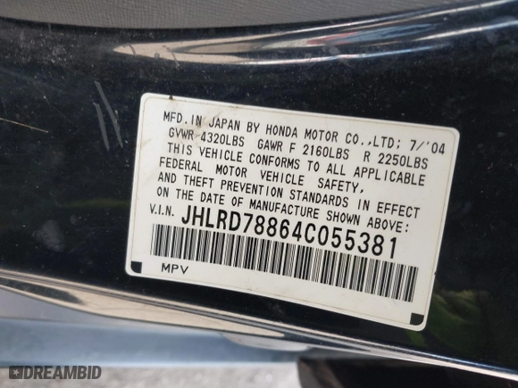 2004 Honda CR-V EX with VIN JHLRD78864C055381, listed as a IAAI auction lot 41761271 with 230,392 mi miles. Bid and sale history available at carsss.com. Image 9.