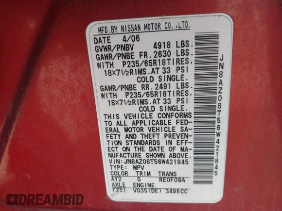 2006 Nissan Murano SL с VIN JN8AZ08T56W421845, выставлен на аукционе IAAI как лот 42431126 с пробегом 186 045 миль миль и . История ставок и продаж доступна на DreamBid. Изображение 9.
