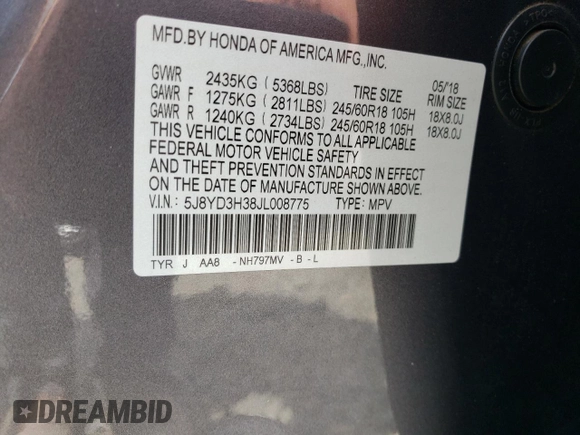 2018 Acura MDX with VIN 5J8YD3H38JL008775, listed as a Copart auction lot 54273925 with 104,233 mi miles and Salvage title. Bid and sale history available at DreamBid. Image 13.