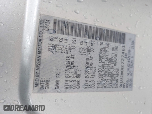2014 Nissan Pathfinder S with VIN 5N1AR2MM3EC727461, listed as a IAAI auction lot 41789367 with 125,341 mi miles and . Bid and sale history available at DreamBid. Image 9.
