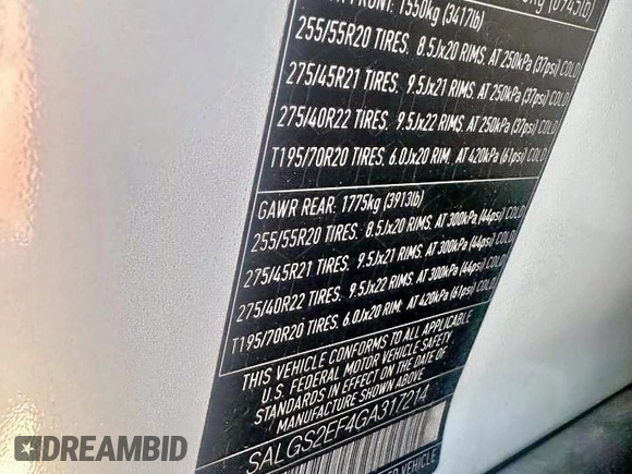 2016 Land Rover Range Rover Supercharged with VIN SALGS2EF4GA317214, listed as a Copart auction lot 66235675 with 105,629 mi miles and Clean title. Bid and sale history available at DreamBid. Image 10.