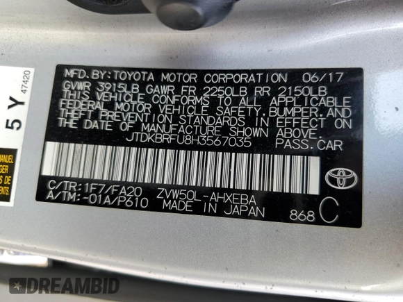 2017 Toyota Prius Two with VIN JTDKBRFU8H3567035, listed as a Copart auction lot 86498194 with 66,994 mi miles and Salvage Title. Bid and sale history available at DreamBid. Image 12.
