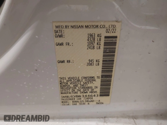 2022 Nissan Altima SR with VIN 1N4BL4CV8NN344643, listed as a IAAI auction lot 41755102 with 61,303 mi miles and . Bid and sale history available at DreamBid. Image 9.