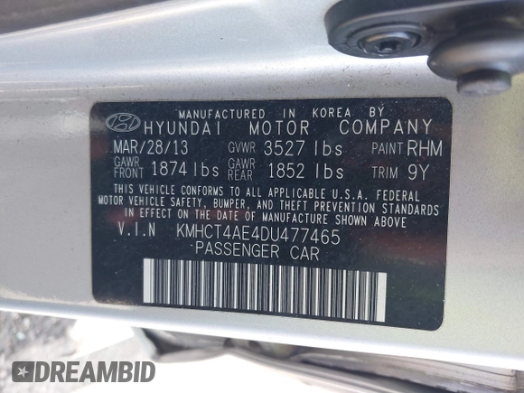 2013 Hyundai Accent GLS with VIN KMHCT4AE4DU477465, listed as a IAAI auction lot 41930256 with 48,877 mi miles and . Bid and sale history available at carsss.com. Image 9.