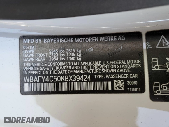 2019 BMW 8 Series M850i xDrive with VIN WBAFY4C50KBX39424, listed as a Copart auction lot 78093254 with 37,556 mi miles and Salvage title. Bid and sale history available at DreamBid. Image 13.
