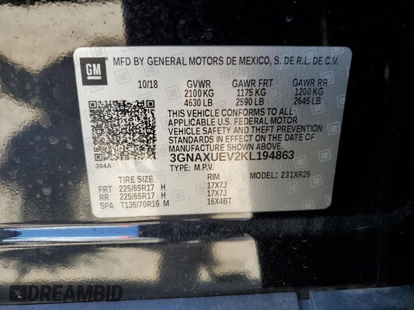 2019 Chevrolet Equinox LT z VIN 3GNAXUEV2KL194863, wystawiony jako Copart lot #56278535 z przebiegiem 61 710 mil mil oraz Szkoda całkowita • Salvage title. Historia ofert i sprzedaży dostępna na DreamBid. Obrazek 13.