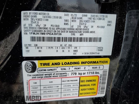 2023 Ford Expedition Max Platinum with VIN 1FMJK1M81PEA39726, listed as a Copart auction lot 55130735 with 53,013 mi miles and Salvage title. Bid and sale history available at DreamBid. Image 13.
