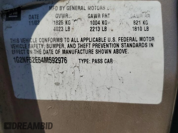 2004 Pontiac Grand Am SE1 with VIN 1G2NF52E54M592976, listed as a Copart auction lot 85716474 with 0 mi miles and Non Repairable. Bid and sale history available at carsss.com. Image 12.