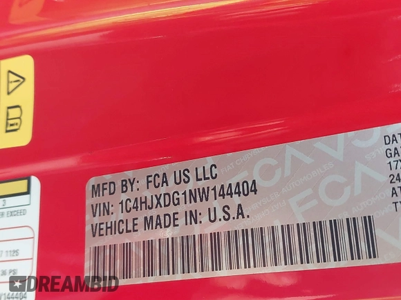 2022 Jeep Wrangler Unlimited Sport S with VIN 1C4HJXDG1NW144404, listed as a IAAI auction lot 41690330 with 48,542 mi miles and . Bid and sale history available at DreamBid. Image 9.