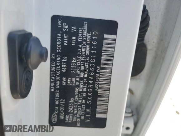 2013 Kia Optima SX with VIN 5XXGR4A66DG111610, listed as a Copart auction lot 60621095 with 177,373 mi miles and Salvage title. Bid and sale history available at DreamBid. Image 12.
