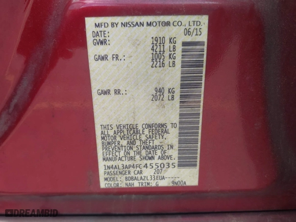 2015 Nissan Altima 2.5 S with VIN 1N4AL3AP4FC455035, listed as a IAAI auction lot 41997177 with 182,329 mi miles. Bid and sale history available at carsss.com. Image 9.